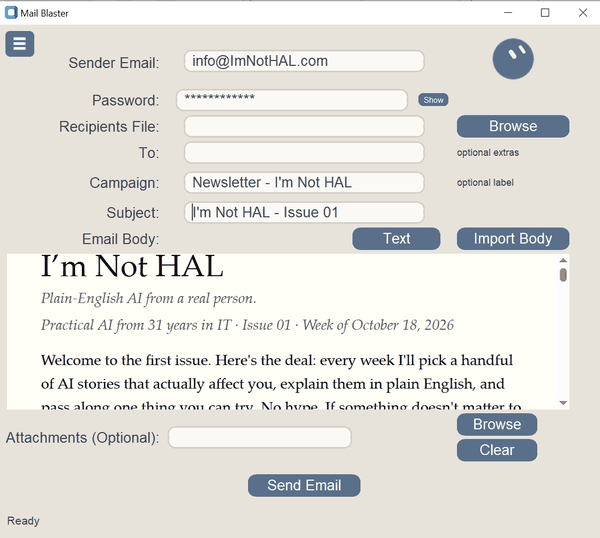 Screenshot of Email-Blaster, Paul's email app, showing a formatted preview of Issue 01 below the sender, subject and other fields